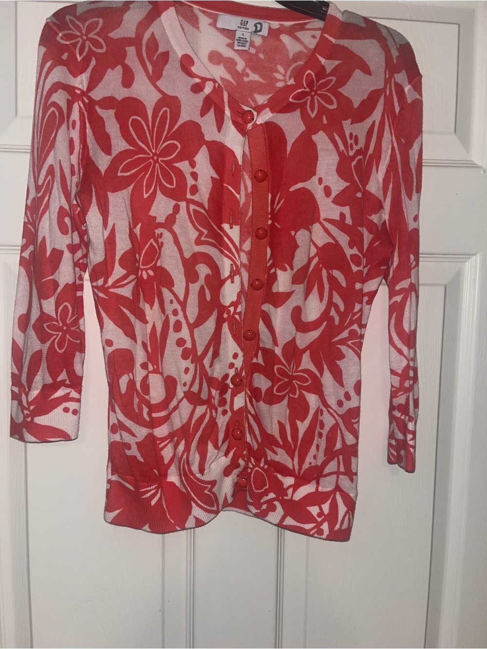 GAP Coral and White Floral Button-Front Cardigan